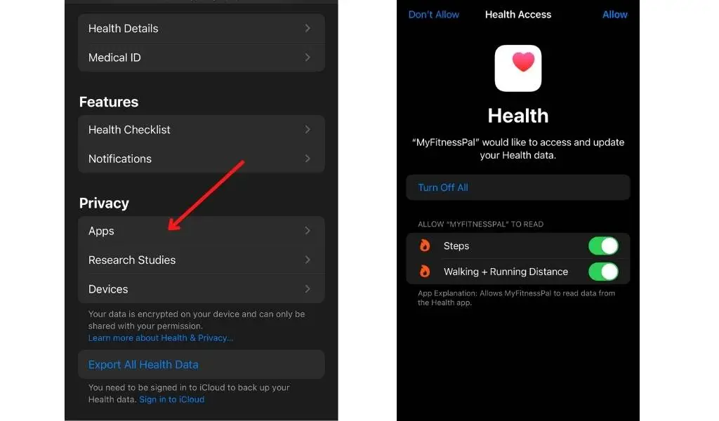 MyFitnessPal Apple Health Privacy Settings